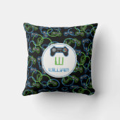 ビデオゲームネオンブルー&グリーンパターンモノグラム クッション (裏面)