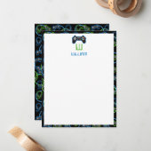 ビデオゲームネオンブルー&グリーンパターンモノグラム ノートカード (正面/裏面インサイチュ)