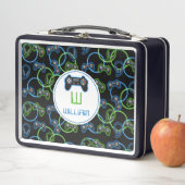 ビデオゲームネオンブルー&グリーンパターンモノグラム メタルランチボックス (インサイチュ)