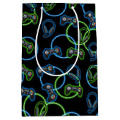 ビデオゲームネオンブルー&グリーンパターン ミディアムペーパーバッグ (正面)