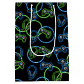 ビデオゲームネオンブルー&グリーンパターン ミディアムペーパーバッグ (裏面)