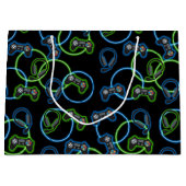 ビデオゲームネオンブルー&グリーンパターン ラージペーパーバッグ (正面)