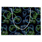 ビデオゲームネオンブルー&グリーンパターン ラージペーパーバッグ (裏面)