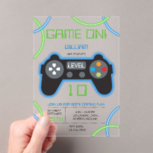 ビデオゲームネオンブルー&グリーン誕生日パーティー アクリル招待状