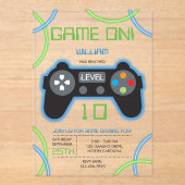 ビデオゲームネオンブルー&グリーン誕生日パーティー アクリル招待状 (正面)