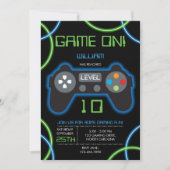 ビデオゲームネオンブルー&グリーン誕生日パーティー 招待状 (正面)