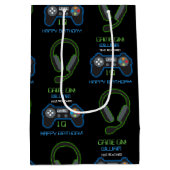 ビデオゲームネオンブルー&グリーン誕生日時代名 ミディアムペーパーバッグ (裏面)