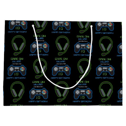 ビデオゲームネオンブルー&グリーン誕生日時代名 ラージペーパーバッグ (裏面)