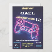 ビデオゲームバースデーパーティーのネオンゲームのロック解除 招待状 (正面)