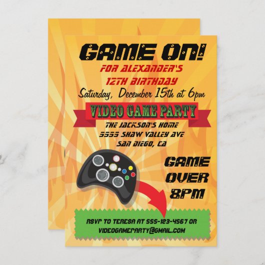 ビデオゲームバースデーパーティ招待状 招待状 (正面/裏面)