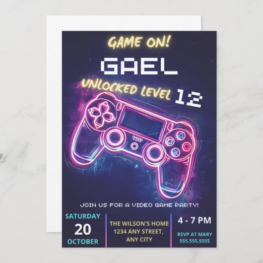 ビデオゲームパーティーの招待状、誕生日おめでとう 招待状 (正面/裏面)
