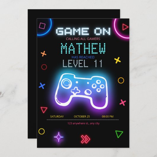 ビデオゲームパーティーゲーム誕生日ゲーマー誕生日 招待状 (正面/裏面)