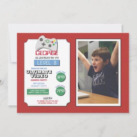 ビデオゲームパーティーゲーム赤写真少年ゲーム 招待状 (正面)