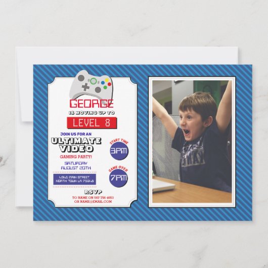 ビデオゲームパーティーゲーム青い赤いフォトゲーム 招待状 (正面)