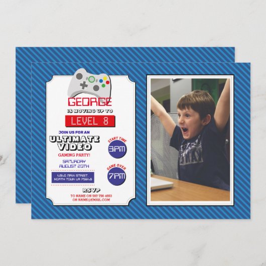 ビデオゲームパーティーゲーム青い赤いフォトゲーム 招待状 (正面/裏面)