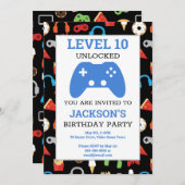 ビデオゲームパーティーレベルアップ子供の誕生日ゲーマー 招待状 (正面/裏面)