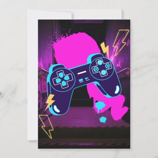 ビデオゲームパーティー制御装置ネオンゲーム誕生日 招待状 (裏面)