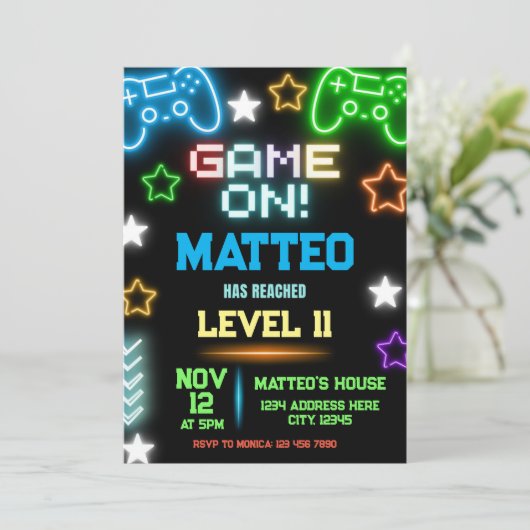 ビデオゲームパーティー誕生日招待状 招待状 (スタンド正面)