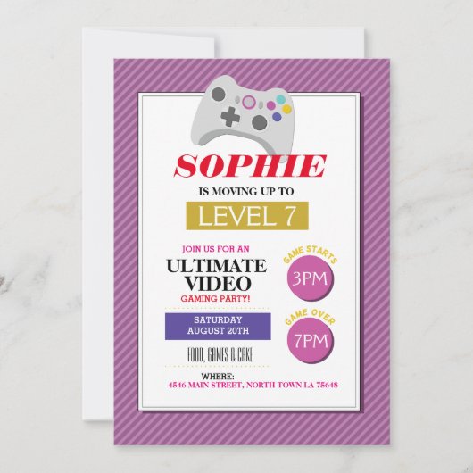 ビデオゲームパーティー ゲーム ピンク トラック 女の子 招待 招待状 (正面)