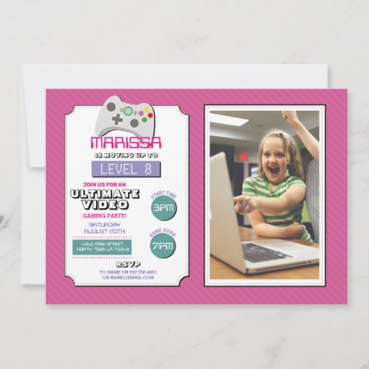 ビデオゲームパーティー ゲーム ピンク フォト ガールズ ゲーミング 招待状 (正面)