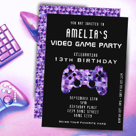ビデオゲームパーティー パープルコントローラー ゲーム 誕生日 招待状