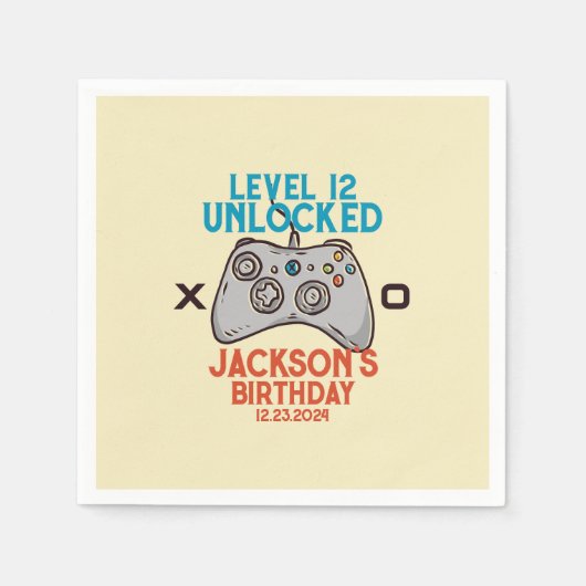 ビデオゲームレベルのロック解除ゲーマーボーイバースデーパーティー スタンダードカクテルナプキン (正面)