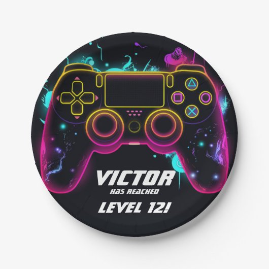 ビデオゲームレベルアップゲーマーネオン誕生日 ペーパープレート (正面)