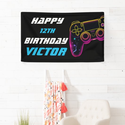 ビデオゲームレベルアップゲーマーネオン誕生日 横断幕 (インサイチュ)