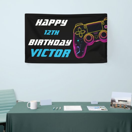ビデオゲームレベルアップゲーマーネオン誕生日 横断幕 (トレードショー)