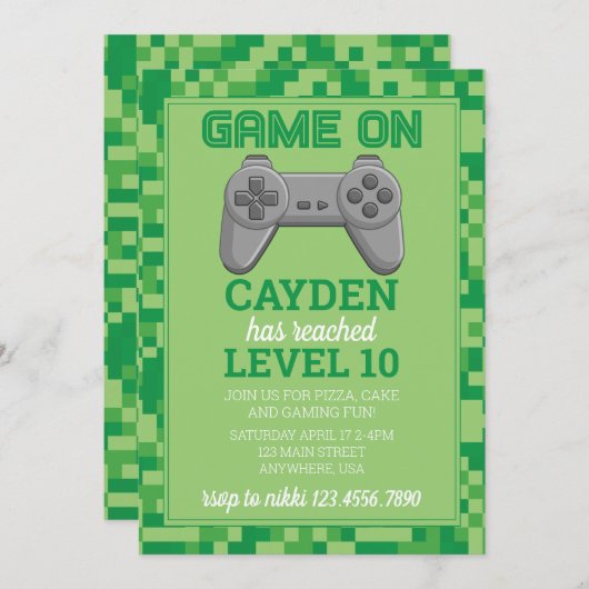 ビデオゲームレベルアップゲーマー誕生日招待状緑 招待状 (正面/裏面)