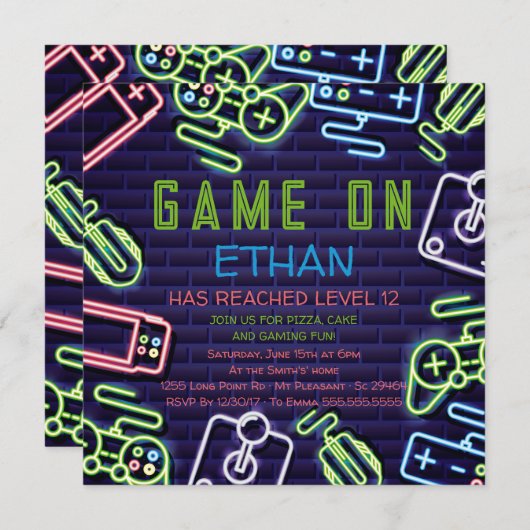 ビデオゲームレベルアップ誕生日パーティーの招待 招待状 (正面/裏面)