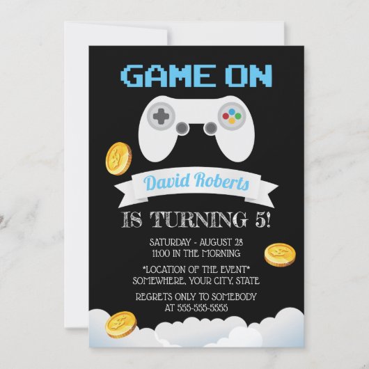 ビデオゲームレベルアップ誕生日パーティー 招待状 (正面)