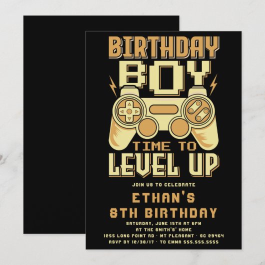 ビデオゲームレベルアップ 誕生日パーティー招待状 招待状 (正面/裏面)