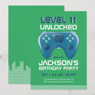 ビデオゲームレベルアンロックグリーンゲーマー誕生日 招待状