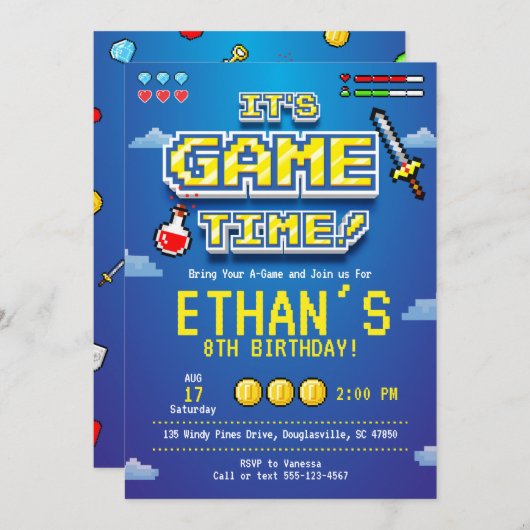 ビデオゲーム招待状、ゲーマーパーティー、ビデオゲーム 招待状 (正面/裏面)