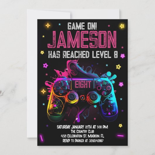 ビデオゲーム誕生日ガールゲーマーパーティー 招待状 (正面)