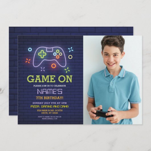 ビデオゲーム誕生日パーティーゲーマーボーイフォト招待状 招待状 (正面/裏面)