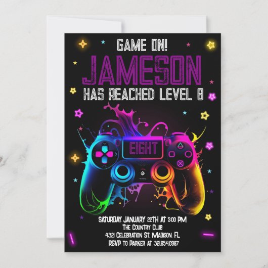 ビデオゲーム誕生日ボーイゲーマーパーティー 招待状 (正面)