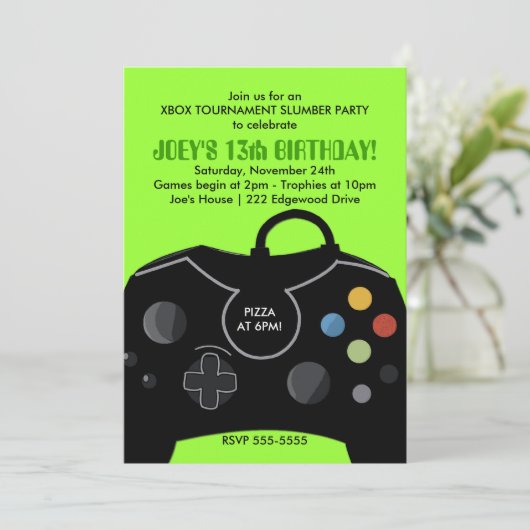 ビデオゲーム誕生日ボーイズ招待状ネオングリーン 招待状 (スタンド正面)