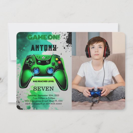 ビデオゲーム誕生日写真 招待状 (正面)