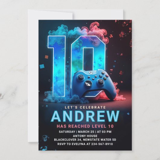 ビデオゲーム10歳の誕生日パーティー 招待状 (正面)