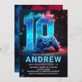 ビデオゲーム10歳の誕生日パーティー 招待状 (正面/裏面)