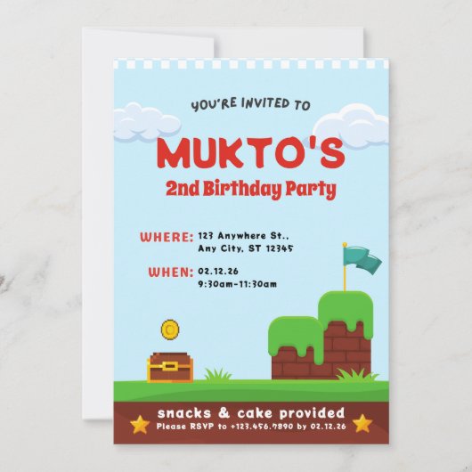 ビデオゲーム2nd誕生日パーティー | ボーイ編集テンプレート 招待状 (正面)