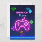 ビデオゲーム オン ネオン ゲーマー 緑、ピンク、青 招待状 (正面)