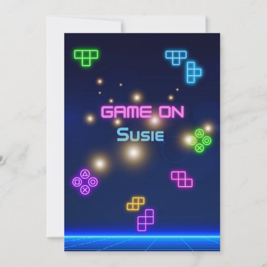 ビデオゲーム オン ネオン ゲーマー 緑、ピンク、青 招待状 (正面)