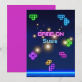 ビデオゲーム オン ネオン ゲーマー 緑、ピンク、青 招待状 (正面/裏面)