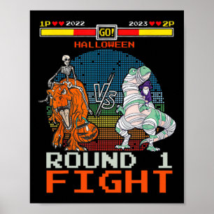 ビデオゲーム ハロウィン Tレックス スケルトン ミイラ - ラウンド ポスター