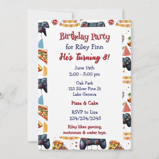 ビデオゲーム，書籍とピザボーイの誕生日パーティー 招待状 (裏面)