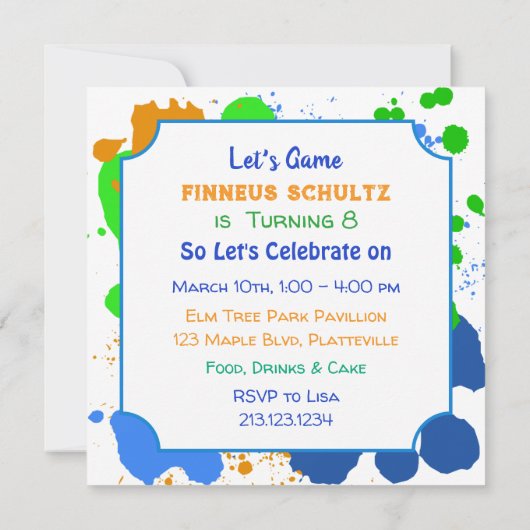 ビデオゲー絵を描ム(ばちゃばちゃ)跳ねる少年の誕生日インビタ 招待状 (裏面)