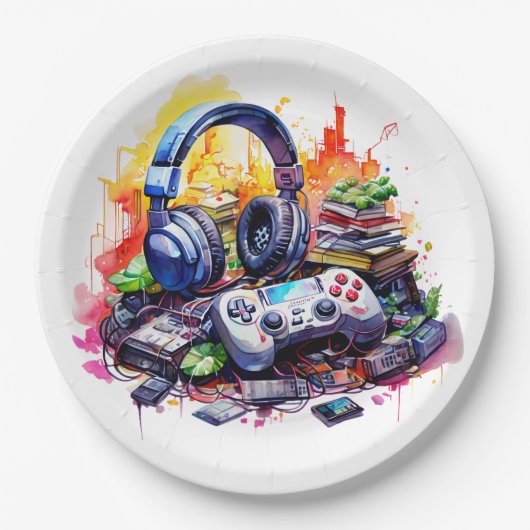 ビデオコントローラとヘッドフォンボーイの誕生日 ペーパープレート (正面)